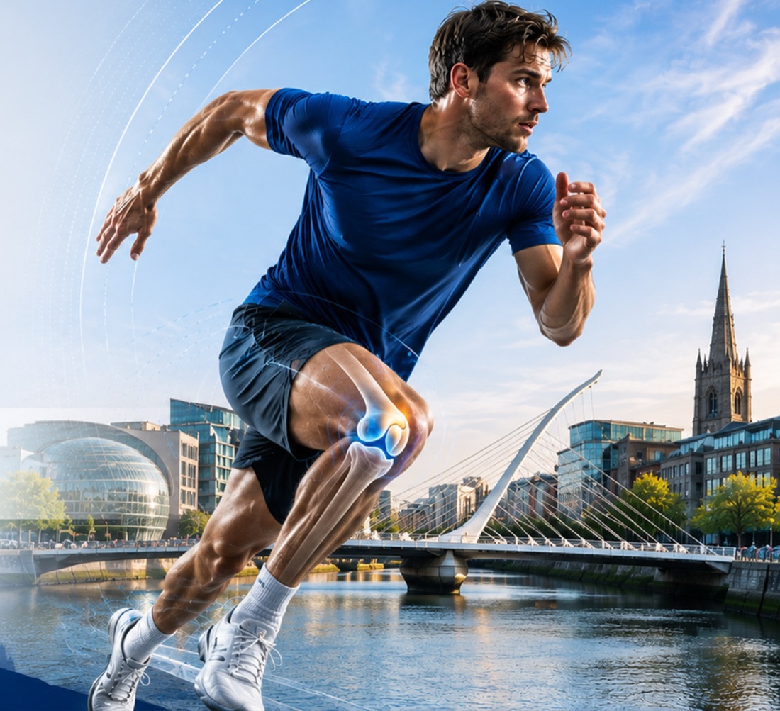 A sprinter with the knee joint highlighted, running beside the River Liffey and the Samuel Beckett Bridge in Dublin